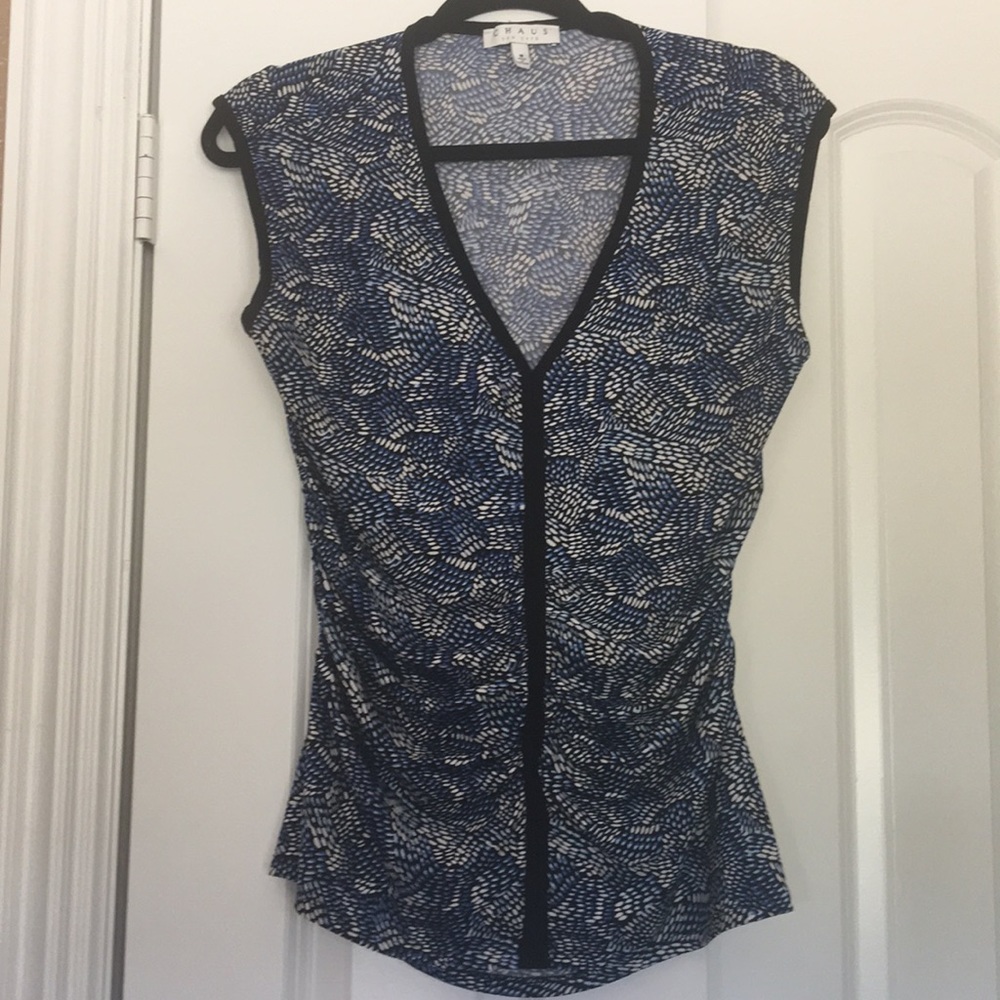 Blue, black & white dressy blouse